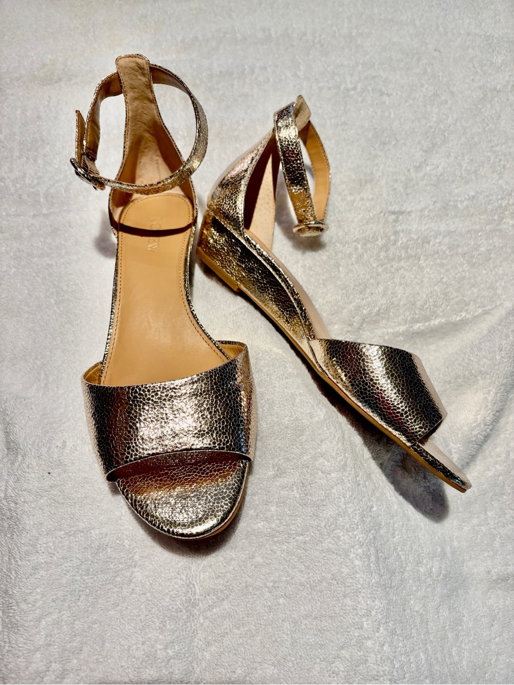 J. Crew Metallic Gold Ankle-Strap Block Heel Sandals. Size 10.